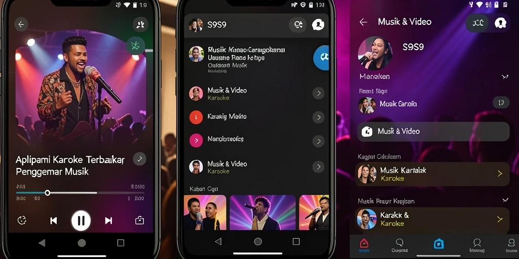 Antarmuka aplikasi S9S9 menampilkan pilihan lagu dan lirik dengan jelas.